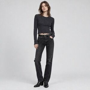 The Kooples Henley Top Ribbed Cropped Raw Hem Grunge Indie M